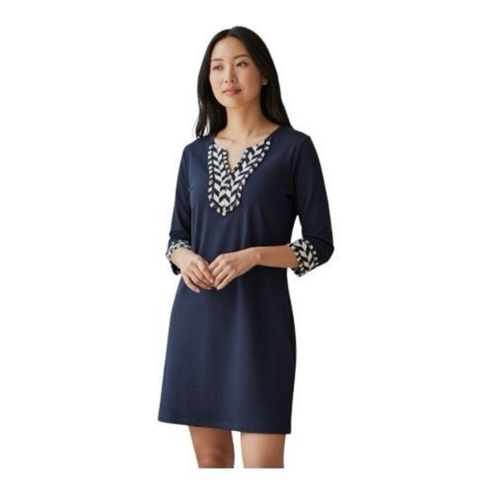 Crown & Ivy Size S Elbow Sleeve Shift Dress Navy Blue White Coastal Casual NWT